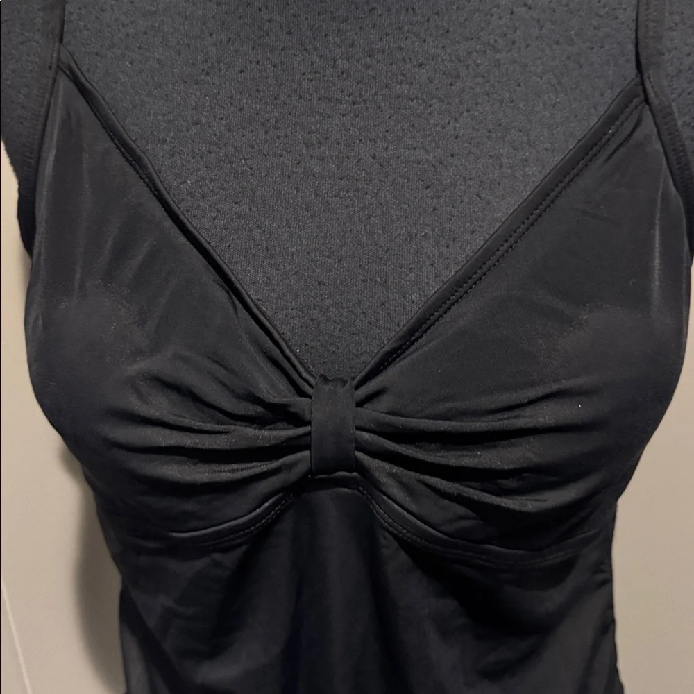 B14 Black tab gathered center bodice drawstring sides tankini long swimsuit top. - Picture 2 of 4